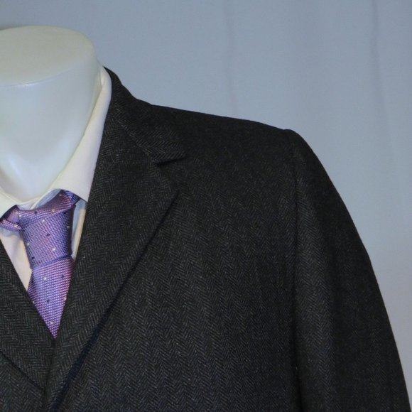 Knox New York Vintage Charcoal Herringbone Three Button Overcoat 40 - Picture 1 of 11